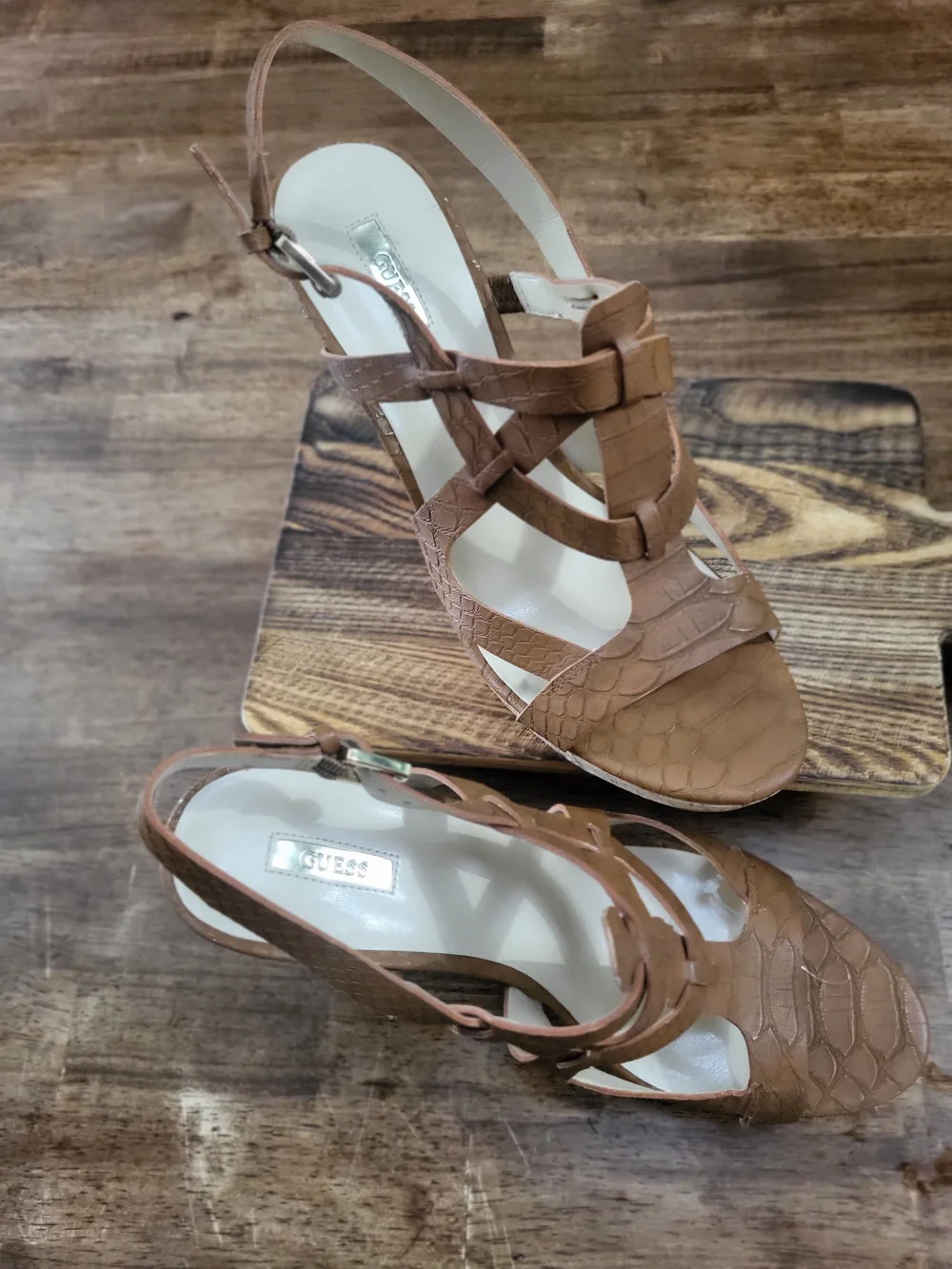 GUESS: Brown Faux-Croc Wedge Sandals with Cork Heel